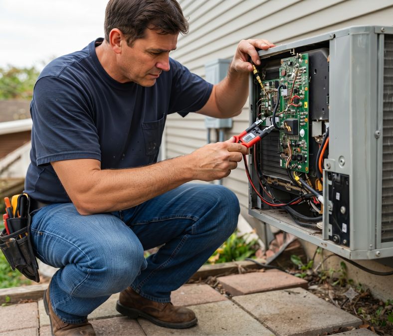 A HVAC technician offering air conditioning repair in Overland Park outside a residency