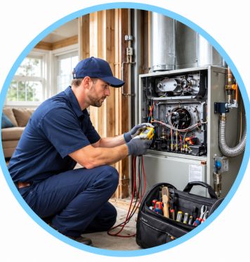 HVAC technician inspecting a residential furnace for heating repair in Kansas City