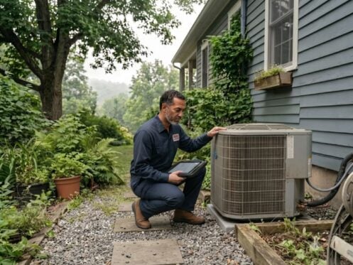 HVAC technician performing air conditioning repair in Overland Park on an outdoor condenser unit