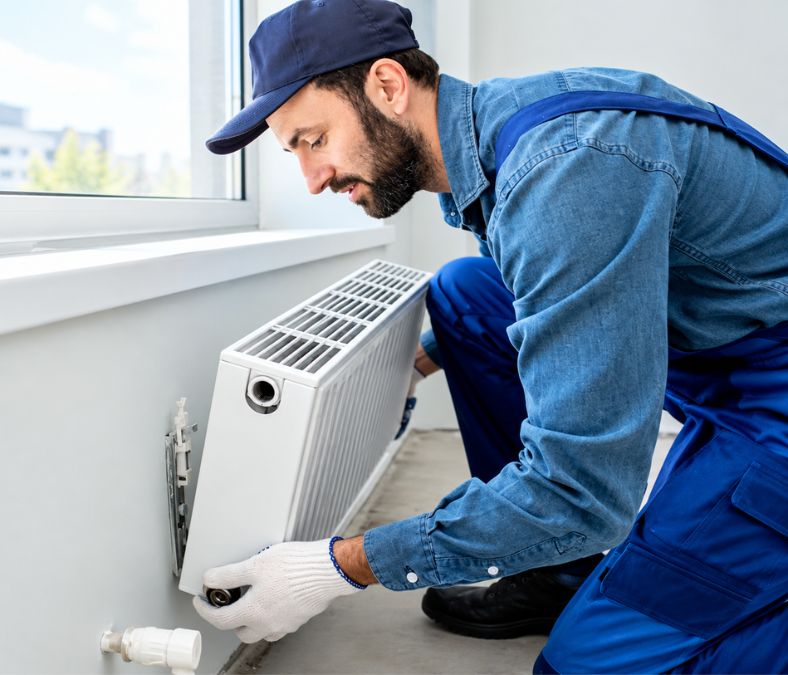 HVAC technician servicing an air conditioner and heater