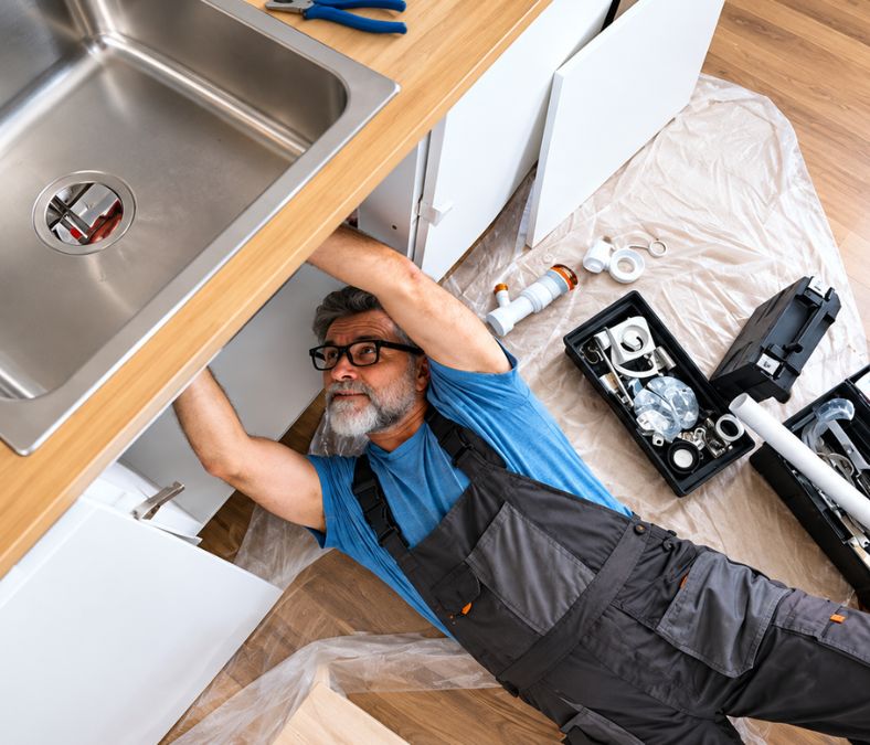 Plumbing technician inspecting a residential water heater during plumbing services in Lenexa