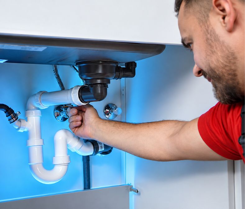 Professional plumber repairing a leaking residential pipe as part of plumbing services in Lenexa.