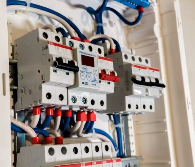 Residential electrical panel with circuit breakers in a home