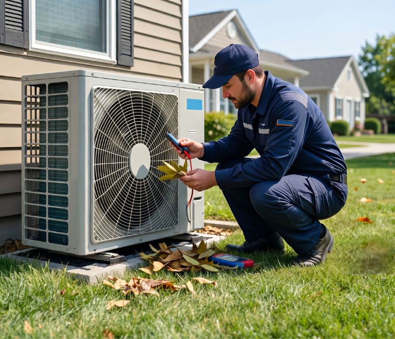 Technician inspecting residential AC equipment during air conditioning repair in Overland Park